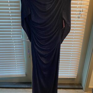 Elegant Navy Blue Women's Gown with Caped Back